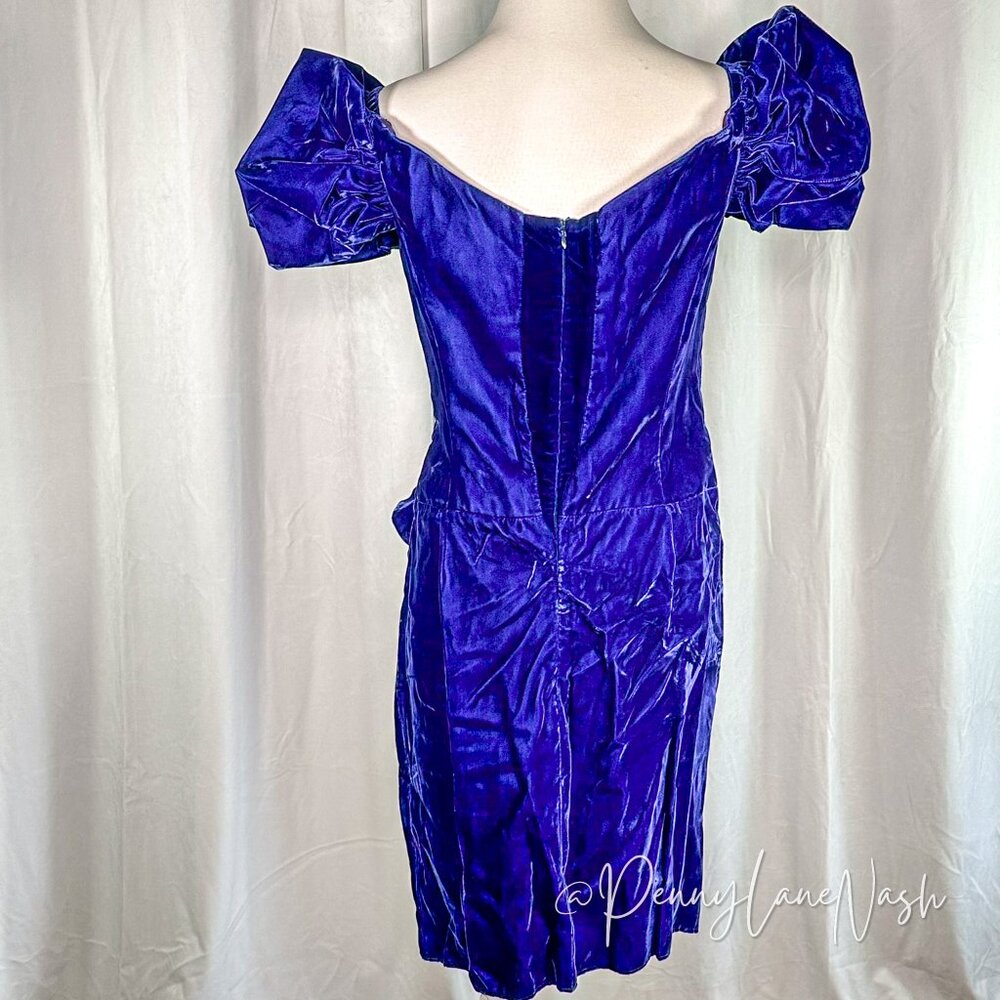 Vintage Alex Evenings Velvet Puff Sleeve Cocktail Dress Blue - Picture 10 of 12